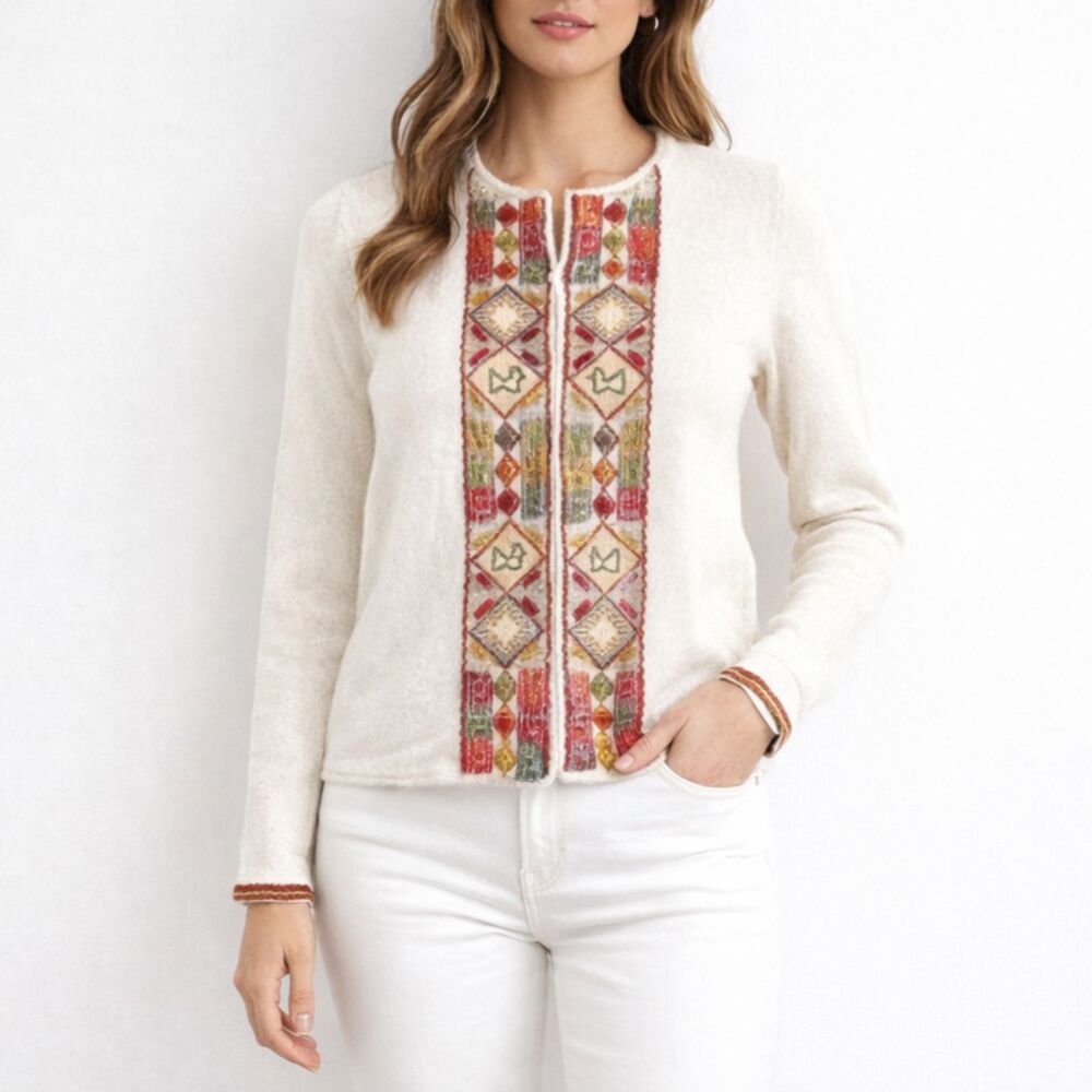 Puska Women Cardigan M Ivory 100% Baby Alpaca Embroidered Boho Aztec Folk Y2K